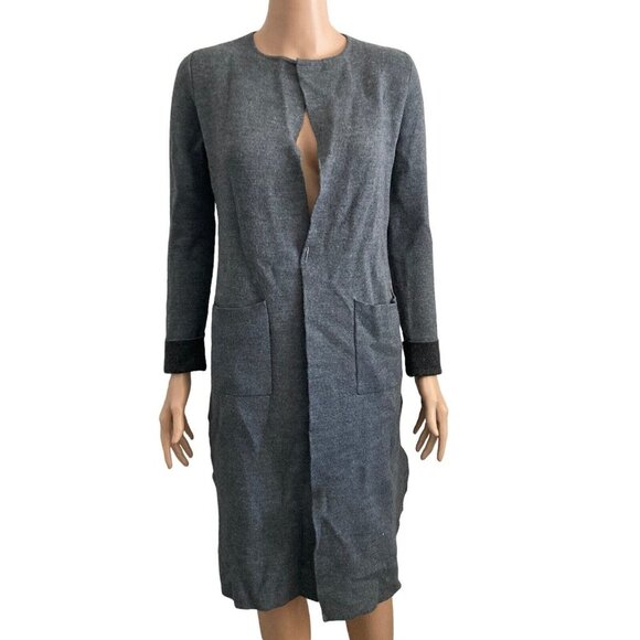 Tahari Sweater Womens Small Long Cardigan Merlino Wool Blend Gray Open Front - Picture 1 of 13